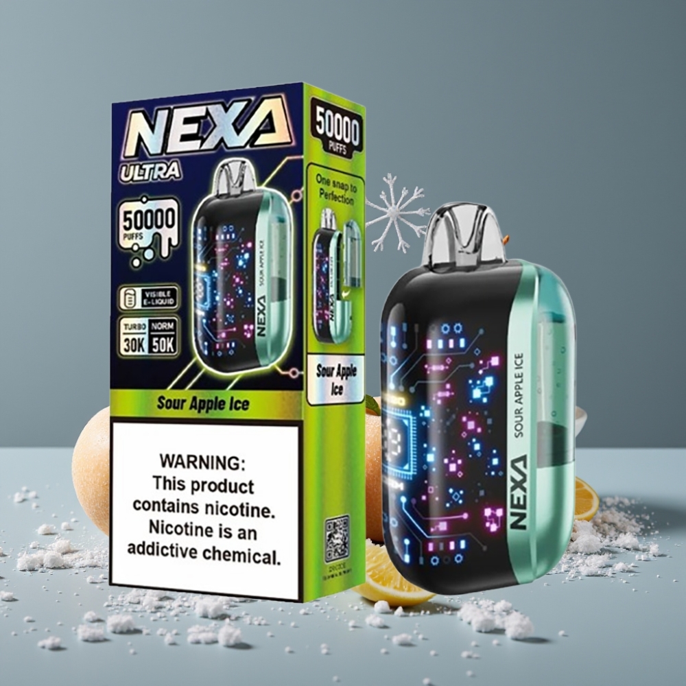 NEXA Ultra 50000 Puffs بخاخ تفاح حامض مثلج شاشة منحنية ثلاثية الأبعاد شحن Type-C