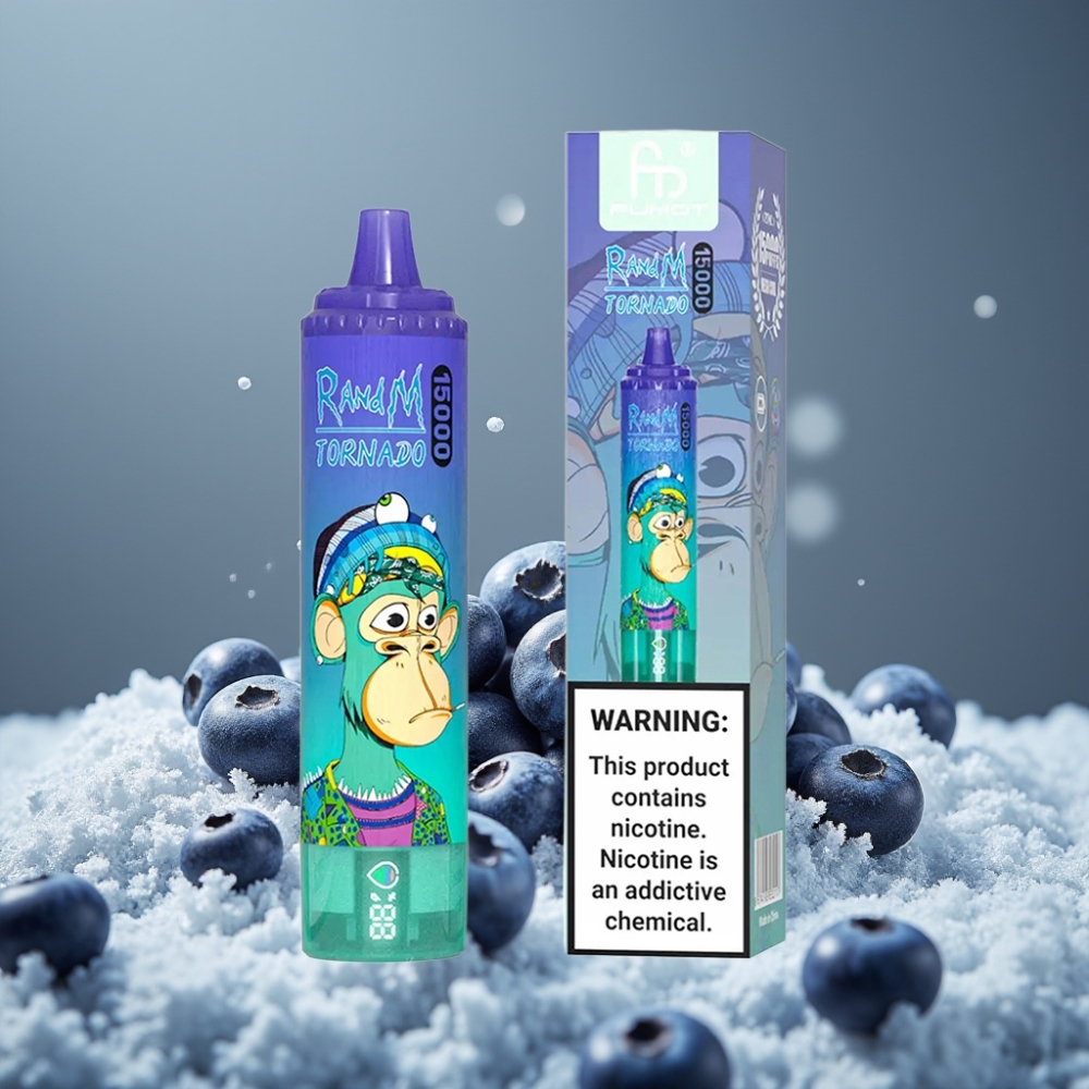 RandM Fumot Tornado 15000 Puffs شاشة LCD توت أزرق مثلج شاحن Type-C