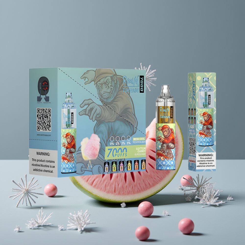 RandM Fumot Tornado 7000 نَفَثات بنكهة حلوى القطن مع بطارية 850 ميلي أمبير ومنفذ Type-C