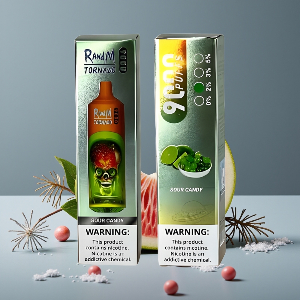 RandM Tornado 9000 Puffs شاشة RGB خزان 18 مل نكهة حلوى حامضة